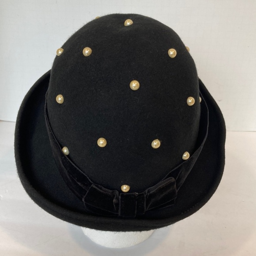 Lily B by Eric Javits Black Wool & Velvet Upturn Hat with Pearls